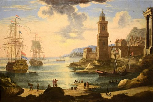 "Scena portuale con navi e galeoni"